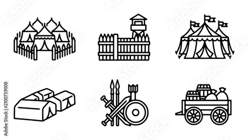 Foto Medieval Camp Icons: Tents, Fort, Wagon, Arms Set