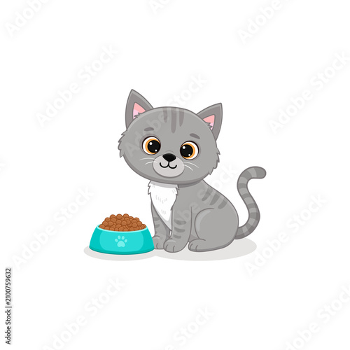 cute cartoon grey kitten sitting near a bowl of food. Cat isolated on white background