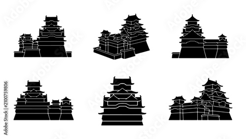 Quadro su tela Japanese Castle Silhouettes, Traditional Architecture Icons, Historic Landmark V