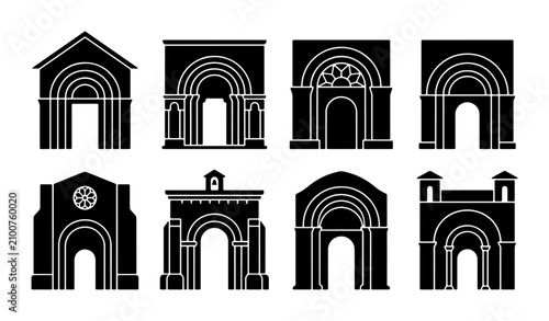 Konstfotografi Romanesque Architecture Icons, Medieval Building Facades, Arched Doorways Set