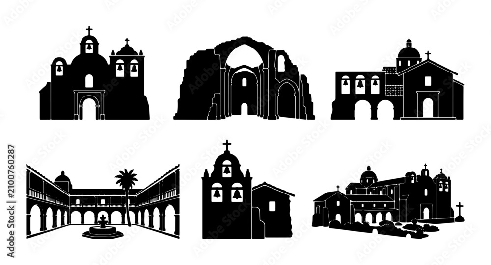 Obraz premium Mission Buildings Silhouettes, Architectural Landmarks, Historic Structures Collection