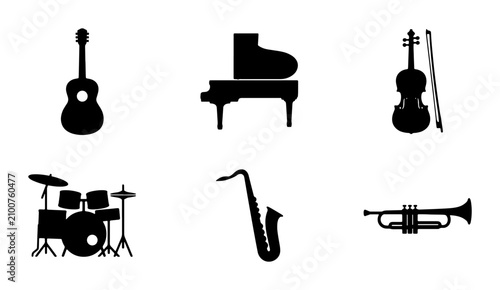 Canvas Print Musical Instruments Icons Set: Guitar, Piano, Violin, Drums, Saxophone, Trumpet