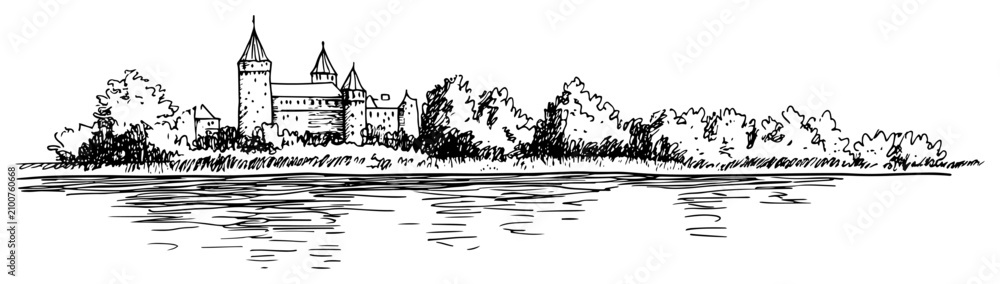 Fototapeta premium Medieval castle by the lake shore with trees in hand drawn sketch style