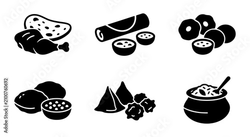 Schilderij op canvas Indian Food Icons Set, Traditional Cuisine Vector Graphics, Delicious Meal Illus