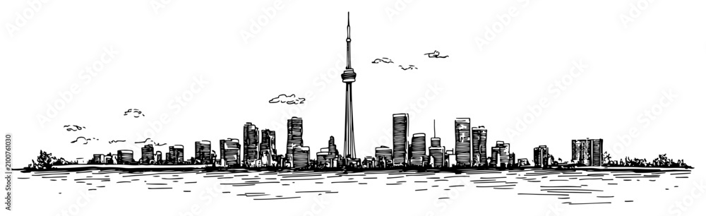 Obraz premium Modern city skyline with tall observation tower on waterfront in fine line sketch style