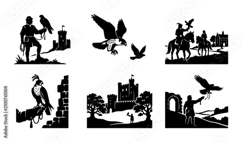 Foto Falconry Vector Icons: Birds of Prey, Knights, Castles, Medieval Scenes
