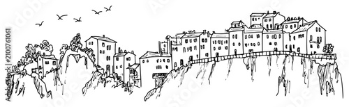 Fotografía Coastal village perched on steep cliffs over sea in loose ink sketch style