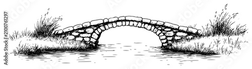 Stone arched bridge over river with grassy banks in vintage hand drawn sketch style