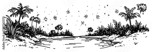 Obraz na płótnie Tropical oasis night landscape with palm trees and stars over water in hand draw