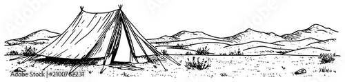 Camping tent in open mountain landscape in vintage hand drawn sketch style