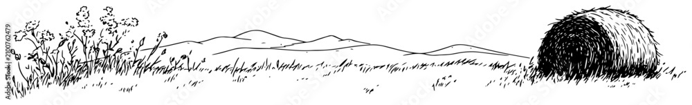 Obraz premium Rural landscape with hay bale and wildflowers on a field in hand drawn sketch style