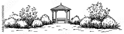 Photos Garden gazebo pavilion surrounded by bushes and shrubs in park landscape sketch