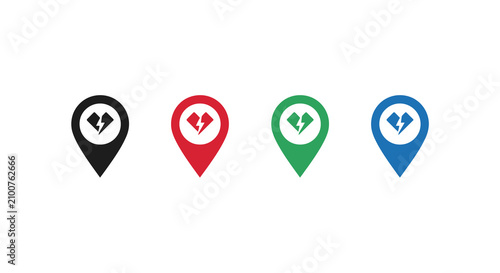 Photos Broken heart location marker icons in black red green and blue flat vector illus
