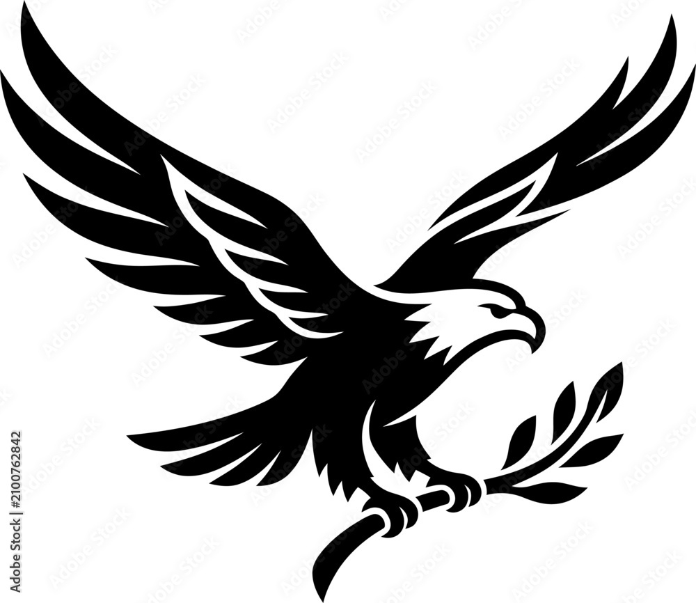 Obraz premium Eagle silhouette with olive branch in flight during daytime against white background symbolizing peace and power
