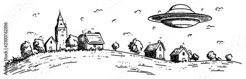 Foto UFO hovering over small village and church in rural landscape in vintage hand dr