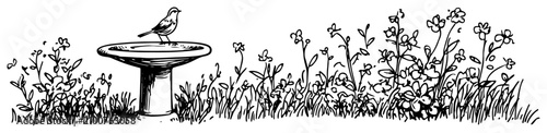 Fotografía Birdbath with songbird in blooming garden flowers sketch style