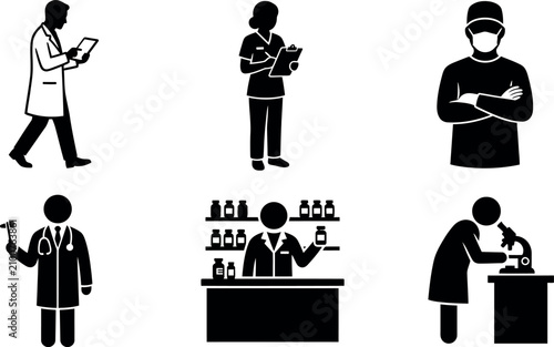 Set of six black and white minimalist pictograms representing various medical professionals including doctors, nurses, surgeons, pharmacists, and researchers performing their daily hospital duties.