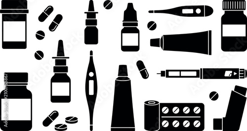 Bild auf Leinwand Collection of black silhouette medical icons featuring bottles, pills, thermometers, inhalers, and topical ointments isolated on a clean white background for healthcare and pharmacy design