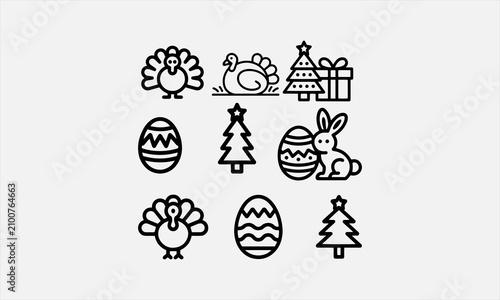 Quadro su tela Thanksgiving, Easter, Christmas line art vector icon set vector illustration