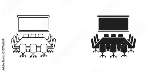 Boardroom meeting table with chairs and projector screen in modern office setting