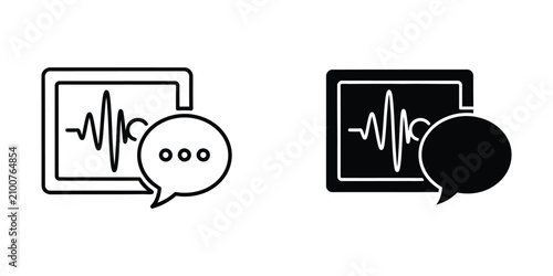 Digital waveform on screen with speech bubble icon in outline and filled styles for communication analysis