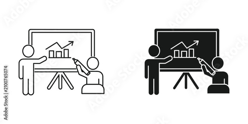 Two people presenting a financial growth chart on a whiteboard during a business meeting with clean lines