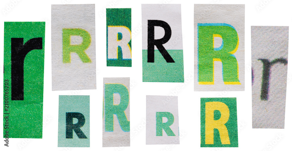 Obraz premium Set of green ransom letters R cut out from vintage newspapers and magazines isolated for collage