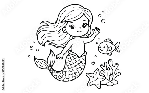 Cute little mermaid waving hand with a small fish and starfish in the ocean for kids coloring page