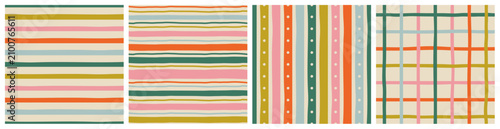Colorful geometric square grid line seamless pattern set. Retro rainbow gingham style background collection. Abstract tartan fabric texture illustration.