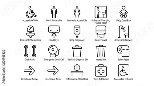 Collection of accessibility and public restroom icons including accessible toilet, men's accessible, women's accessible, changing room, baby care.