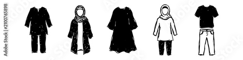 Cuadro en lienzo Hand-drawn sketches of modest and casual clothing sets, including hijabs, tunics, and dresses for daily wear