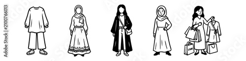 Fotografía Minimalist black and white line art set featuring women in modest fashion and shopping scenes