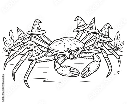 Cute crab wearing multiple wizard hats coloring page line art.