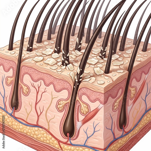 Detailed Scientific Illustration of Human Scalp Anatomy Showing Hair Follicles and Dandruff Skin Conditions