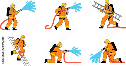 Firefighter cartoon character vector illustration set featuring brave firemen in uniform spraying water from hose and climbing ladders in action poses