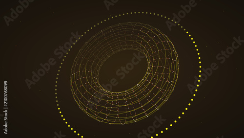 Schilderij op canvas Abstract yellow wireframe torus shape with digital glowing dots rotating in deep