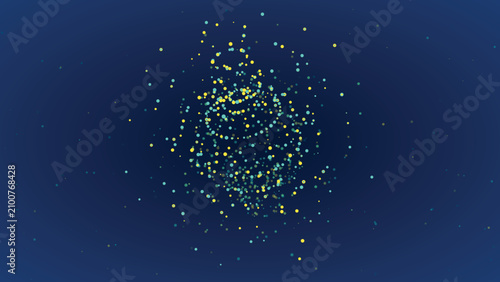 Abstract cluster of glowing yellow and cyan particles suspended in a deep blue infinite space
