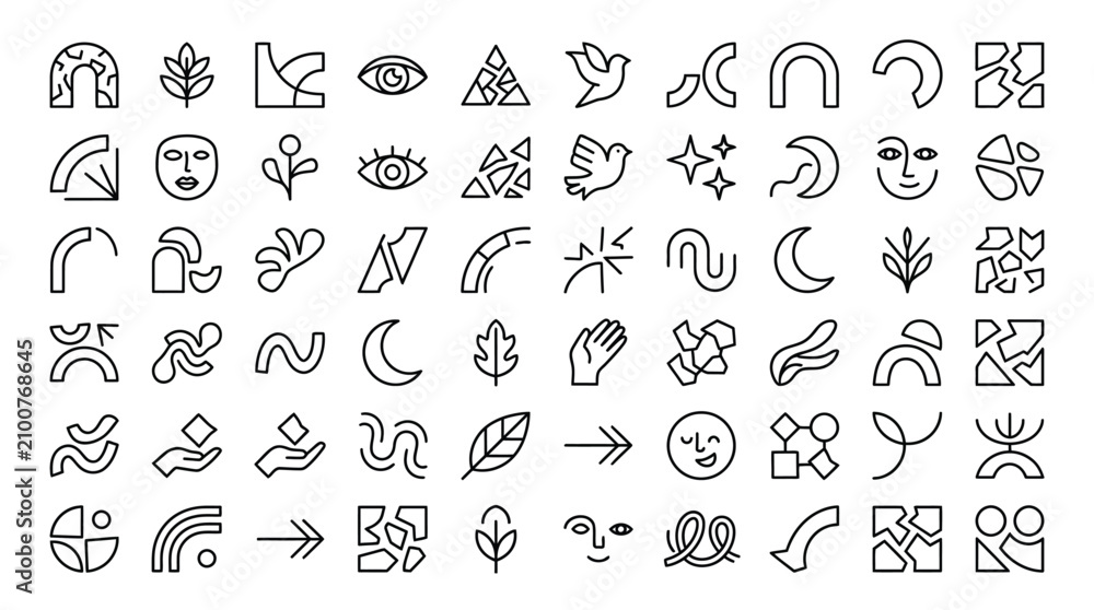 Fototapeta premium Set of modern minimal vector icons depicting abstract shapes nature elements and symbols.