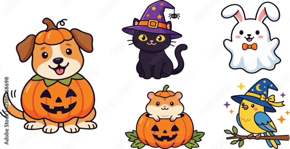 Obraz premium Cute halloween animals dressed in costumes set with halloween costumes celebration illustration character seasonal elements