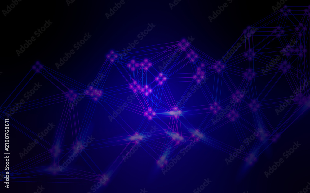 Fototapeta premium Abstract digital technology plexus background with purple and pink glowing mesh connections and deep blue geometric network nodes