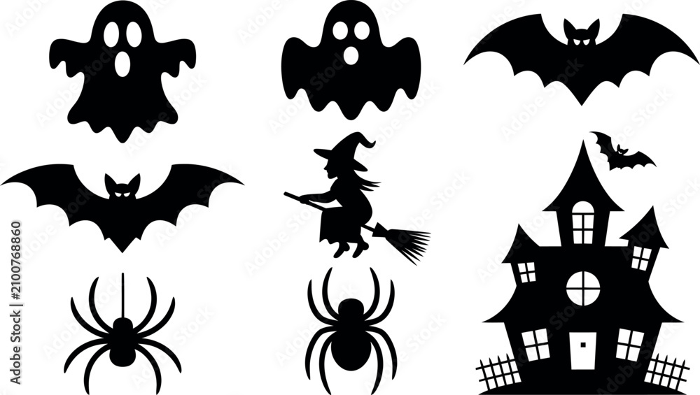 Fototapeta premium Black silhouettes of Halloween icons on white background spooky symbols