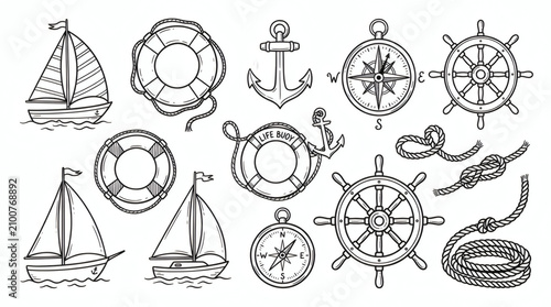 Set of playful hand drawn nautical illustrations. Doodle drawings of anchors, lifebuoys, compasses, sailboats, ropes and steering wheels. Clean line art in retro style, isolated on white background