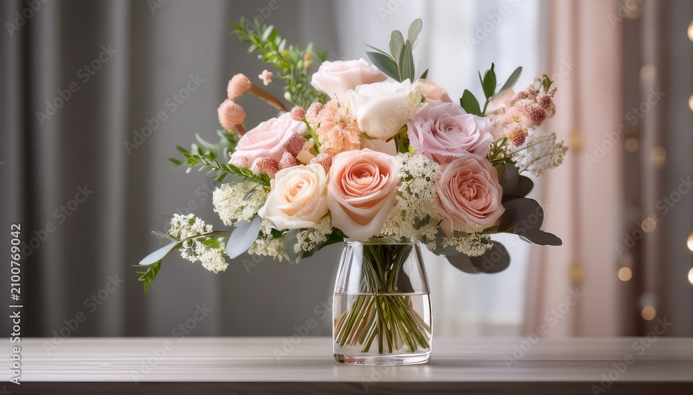 Obraz premium Elegant Pastel Flower Bouquet In Glass Vase On Table