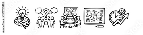 Hand-drawn business process icons including brainstorming, team collaboration, strategic planning, and productivity growth. Black and white doodle style workflow concept.