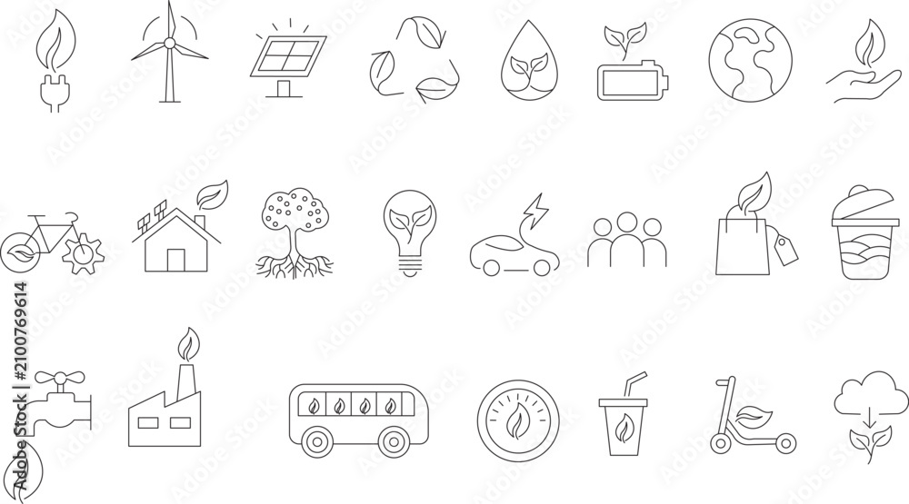 Fototapeta premium Ecology and green energy line icons vector set on white background