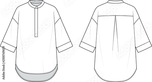 Foto Technical fashion sketch of a relaxed-fit shirt with a mandarin collar, half pla