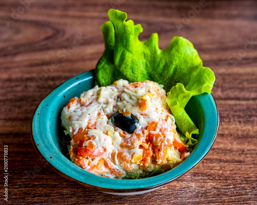 Soviet Mimosa Salad With Grated Cheese And Olive