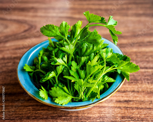 Fresh Turkish Parsley Leaves In Blue Bowl