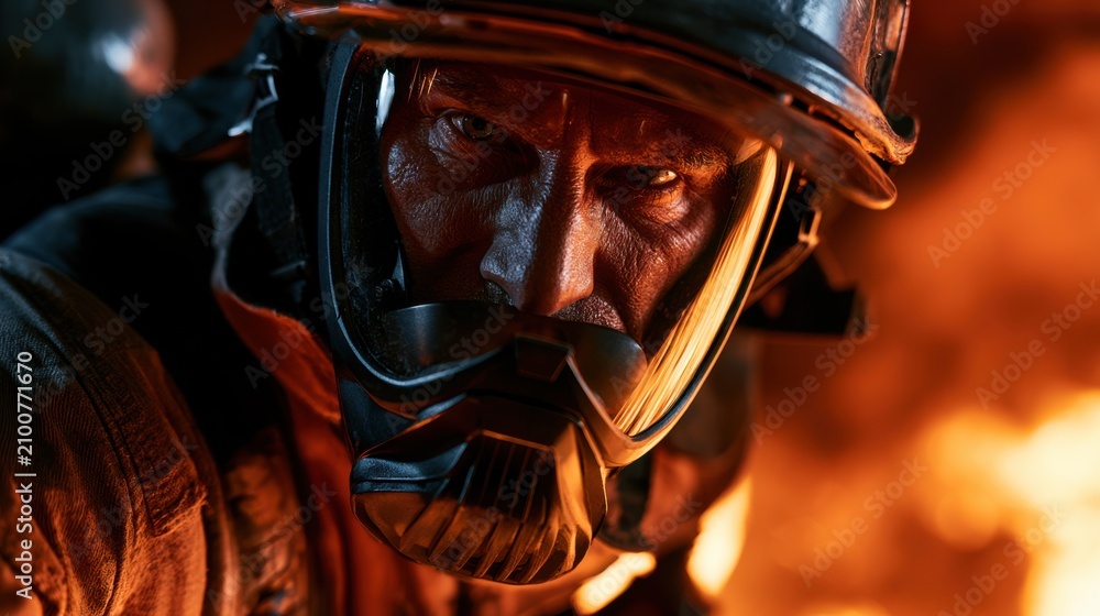 Fototapeta premium Intense close-up of a firefighter with helmet and mask surrounded by flames, showcasing bravery and emergency response.