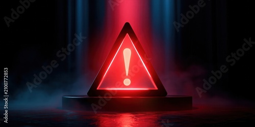 Illuminated red warning triangle with exclamation mark glowing in dark smoky scene with dramatic backlight, deep shadows, strong contrast, and urgent safety message